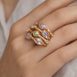 Gold Tone Multi Stone Ring  Crystal Statement Ring Size 7 Stack Style Boho Chic